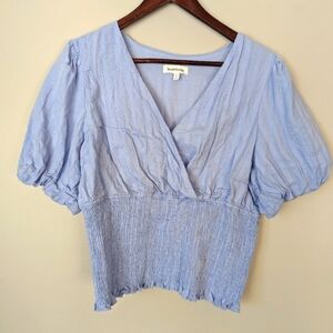 Heartloom Rushed Ruffle Hem Bubble Sleeve Babbydoll Top Blue Womens Size L